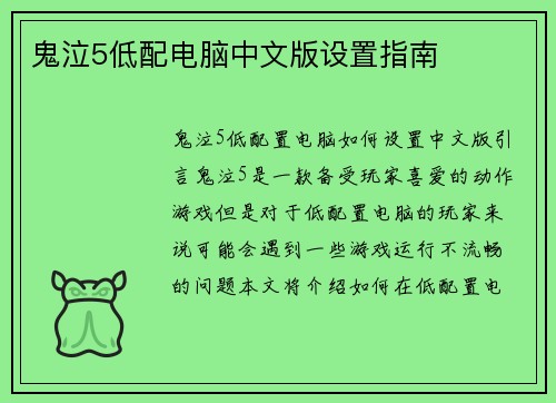 鬼泣5低配电脑中文版设置指南
